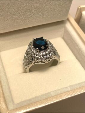 Sterling Silver Blue Halo Cocktail Ring with Pavé Accents